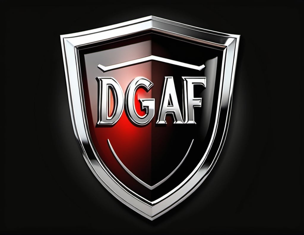 Prompt: 1940s style shield logo with chrome finish, indented black capital letters, "DGAF" logo, high-quality rendering, vintage design, chrome finish, black indented letters, shield emblem, 1940s style, retro, high contrast, professional lighting