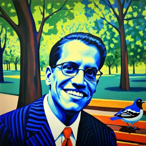 Prompt: Man seated on park bench, peaceful setting, colorful, full body view, blue pinstripe suit, birds, trees, Henri Matisse style, realistic, detailed, vibrant colors, peaceful atmosphere, park setting, high quality, realistic painting, full-body view, peaceful, vibrant, detailed, Matisse style, colorful, birds, trees, blue pinstripe suit, realistic