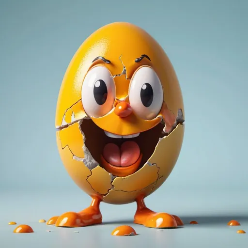 Prompt: Large cracked egg with face superimposed, egg yolk in front, goofy exaggerated expression, 3D rendering, surreal, cartoonish, vibrant colors, detailed cracks, comical, high quality, exaggerated features, surreal lighting, playful