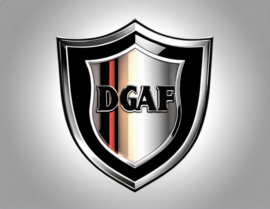 Prompt: 1940s style shield logo with chrome finish, indented black capital letters, "DGAF" logo, high-quality rendering, vintage design, chrome finish, black indented letters, shield emblem, 1940s style, retro, high contrast, professional lighting