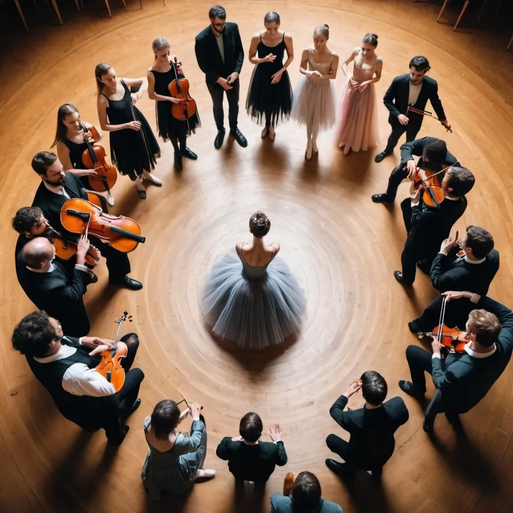 Prompt: High Angle Shot person in middle surrounded by random of people like orchestra, ballerina, Theater actor in circle