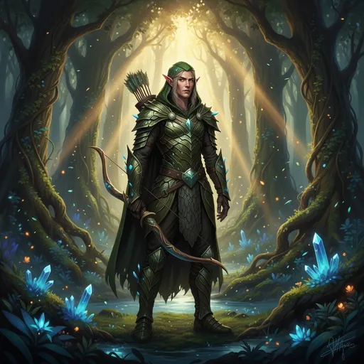 Prompt: Elf ranger in a mystical forest around sunlight