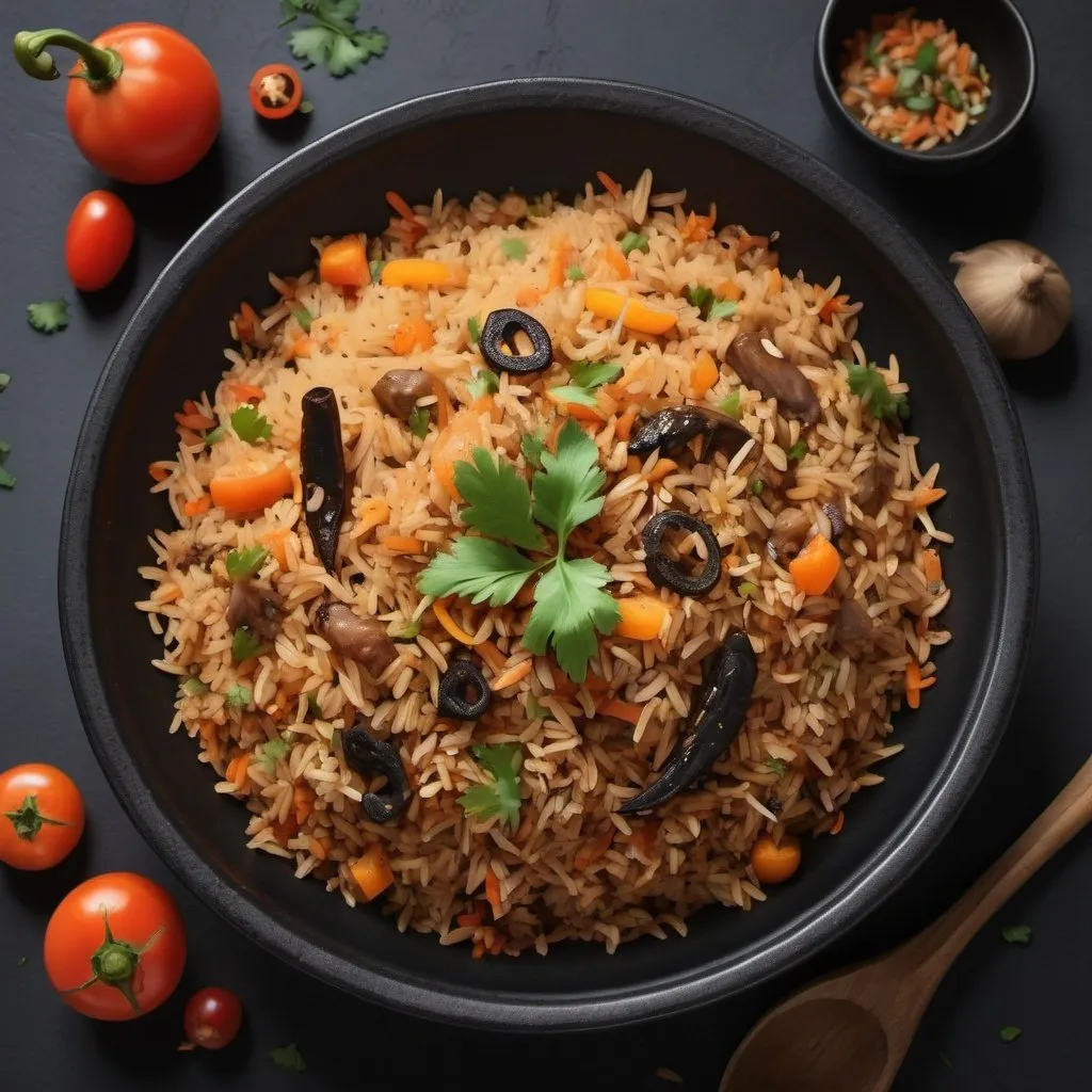 Prompt: Uzbek pilaf, dark dishes, no background