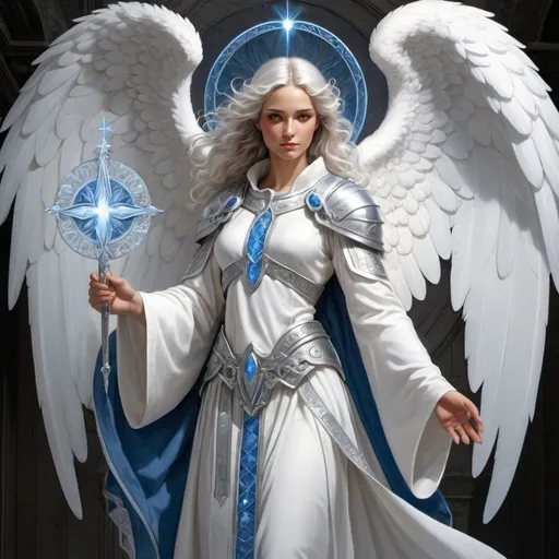 Prompt: Archangel in white robes, silver trim, and blue accents. Associate her with knowledge, wisdom, and ice.