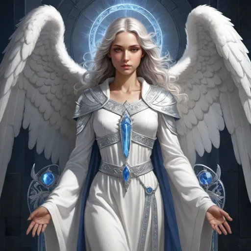 Prompt: Archangel in white robes, silver trim, and blue accents. Associate her with knowledge, wisdom, and ice.