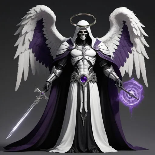 Prompt: Archangel in white and black robes, platinum trim, and purple accents. Associate him with death, grim reapers, and destiny.