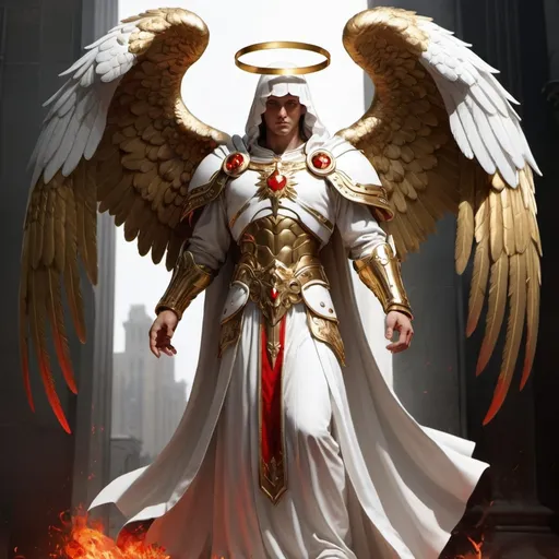 Prompt: Archangel in white robes, gold trim, and red accents. Associate him with war, valor, and fire. 