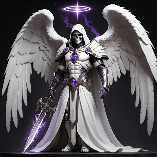 Prompt: Archangel in white robes, platinum trim, and purple accents. Associate him with death, grim reapers, and destiny.