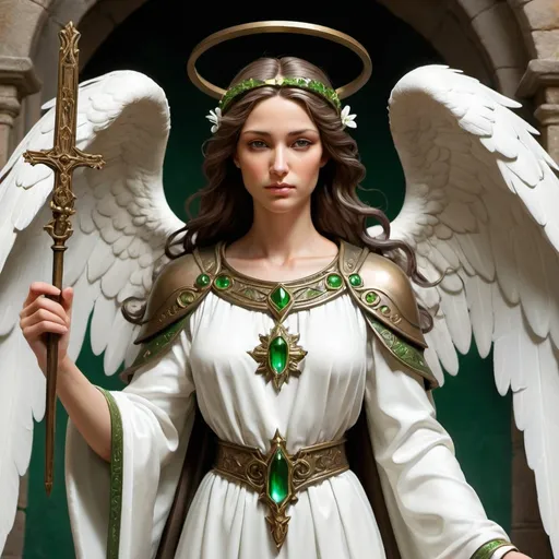 Prompt: Archangel in white robes, bronze trim, and green accents. Associate her with medieval villages, animals, and agriculture. 