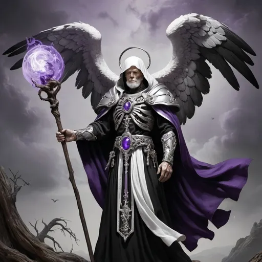 Prompt: Old Man Archangel in black and white robes, platinum trim, and purple accents. Associate him with death, destiny, and funerals. Holding a wooden gnarled staff.