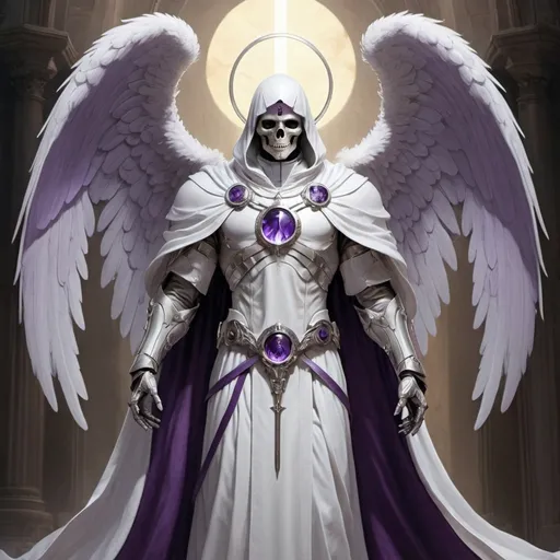 Prompt: Archangel in white robes, platinum trim, and purple accents. Associate him with death, grim reapers, and destiny.