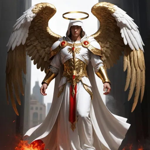 Prompt: Archangel in white robes, gold trim, and red accents. Associate him with war, valor, and fire. 