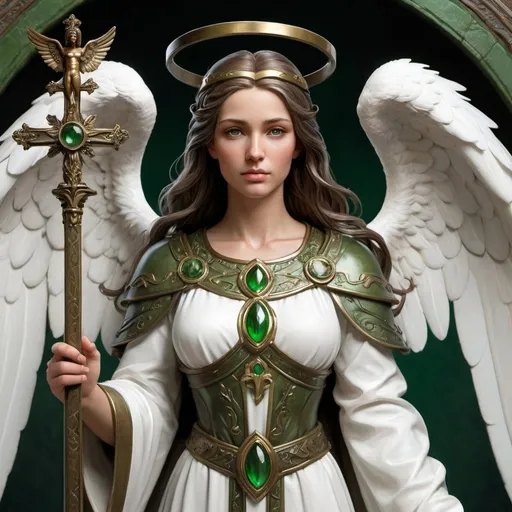 Prompt: Archangel in white robes, bronze trim, and green accents. Associate her with medieval villages, animals, and agriculture. 