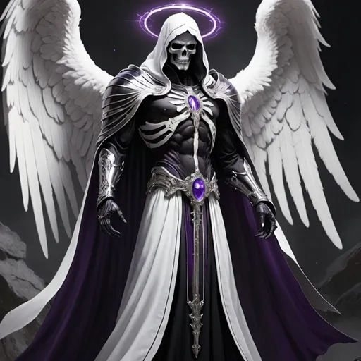 Prompt: Archangel in black and white robes, platinum trim, and purple accents. Associate him with death, grim reapers, and destiny.