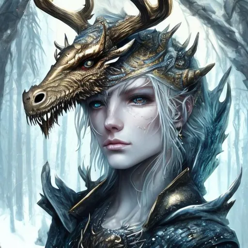 Prompt: Famale gold dragonborn with shimmering skin, piercing blue eyes, silver to white ombre hair with silver, gold and ice blue streaks, portrait in a forest, holding a deer skull