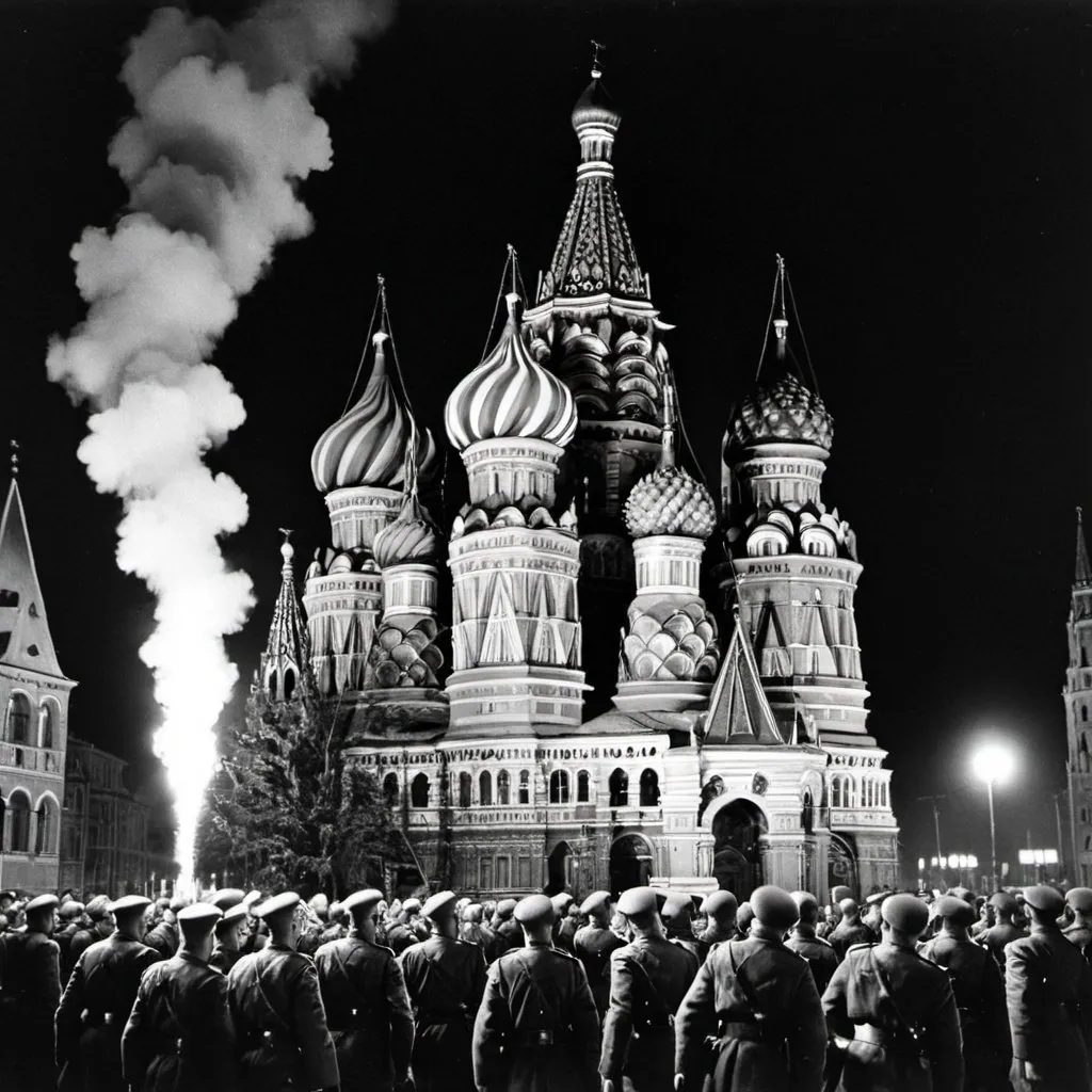 Prompt: St Basils Cathedral at night with soviet troops surrounding it holding torches in protest while two men in German SS uniforms sneak into a hatch leading to the cathedral