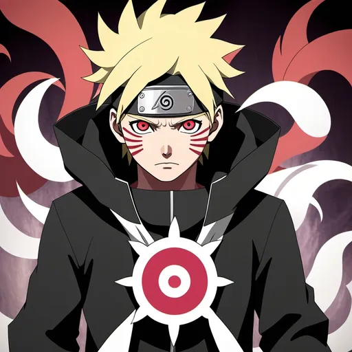 Prompt: Boruto’s son has sharingan byakogan Jogan nine tails karma momoshiki all jutsus