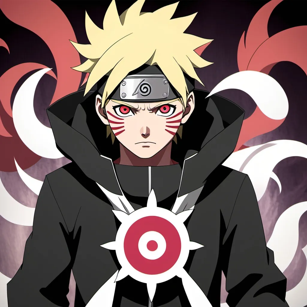 Prompt: Boruto’s son has sharingan byakogan Jogan nine tails karma momoshiki all jutsus