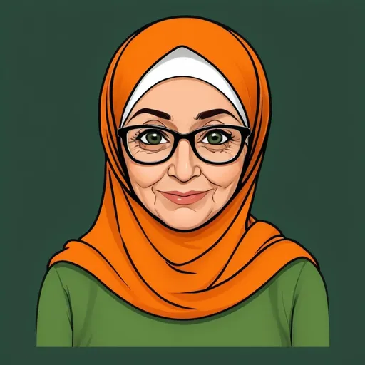 Prompt: hello, please make a for me logo i want it to be green and orange put a cartoon drawing a picture of a grandma wearing a hijab without showing the face and make the background white or whatever color suits the best and then put some pickle peices inthe backround maybe only 3 peices please make them small and for the title write مخلل امايه

