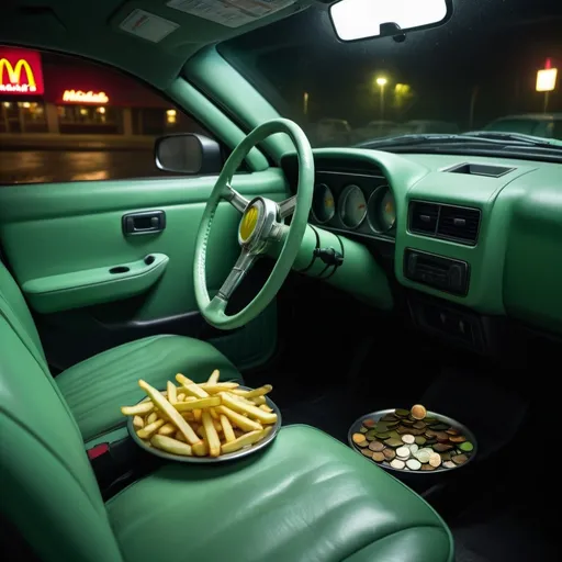 Prompt: light green toledo, light green interior, light green leather steering wheel cover, McDonalds French fries, coins on the floor, dead body in the car trunk