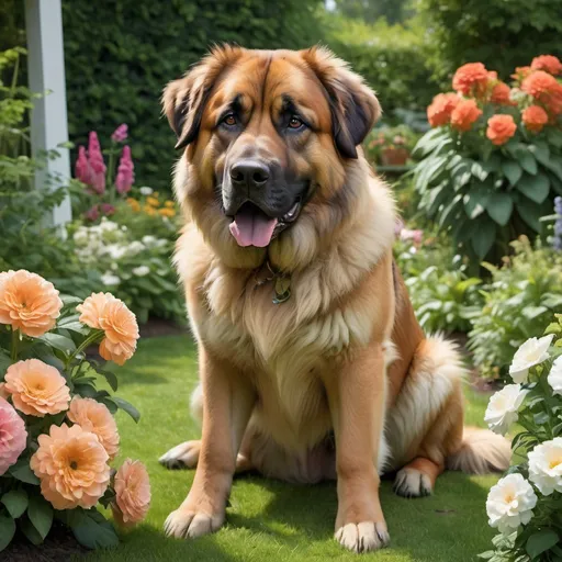 Prompt: Giant leonberger dog, German shepherd, bully kutta, pitbull, Pomeranian, garden setting, lush greenery, vibrant flowers, highres, ultra-detailed, realistic, natural lighting, diverse dog breeds, large canine companions, beautiful garden, peaceful atmosphere, detailed fur, expressive eyes, playful interaction