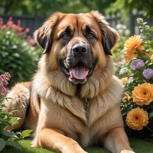 Prompt: Giant leonberger dog, German shepherd, bully kutta, pitbull, Pomeranian, garden setting, lush greenery, vibrant flowers, highres, ultra-detailed, realistic, natural lighting, diverse dog breeds, large canine companions, beautiful garden, peaceful atmosphere, detailed fur, expressive eyes, playful interaction