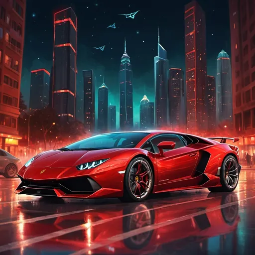 Prompt: Fast red Lamborghini on the Street, skyscrapers in the night sky, network symbols, city lights casting a vibrant glow, high quality, digital painting, intense and focused gaze, billionaire lifestyle, networked, futuristic, urban, detailed car design, professional, atmospheric lighting, vibrant color tones