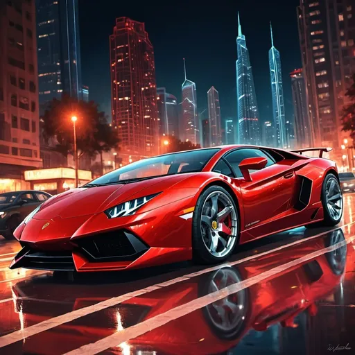 Prompt: Fast red Lamborghini on the Street, skyscrapers in the night sky, network symbols, city lights casting a vibrant glow, high quality, digital painting, intense and focused gaze, billionaire lifestyle, networked, futuristic, urban, detailed car design, professional, atmospheric lighting, vibrant color tones