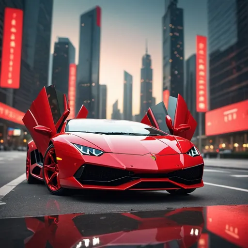 Prompt: Book cover with Prominent red Lamborghini on the street, bright skyscrapers in the background, network symbols, high-quality, professional, 3D rendering, billionaire networker book cover, sleek and modern design, vibrant city lights, urban setting, luxury lifestyle, high-end materials, detailed reflection, intense and focused gaze, highres, 3D rendering, modern, professional, urban, vibrant, luxury, network symbols, sleek design, atmospheric lighting. Size 6 inches width and 9 inches height.