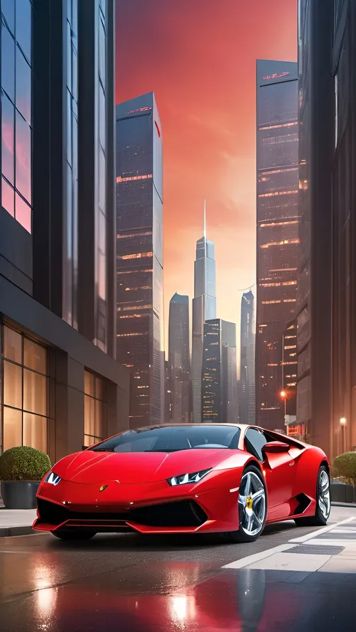 Prompt: Book cover with Prominent red Lamborghini on the street, doors open, bright skyscrapers in the background, network symbols, high-quality, professional, 3D rendering, billionaire networker book cover, sleek and modern design, vibrant city lights, urban setting, luxury lifestyle, high-end materials, detailed reflection, intense and focused gaze, highres, 3D rendering, modern, professional, urban, vibrant, luxury, network symbols, sleek design, atmospheric lighting. Size 6 inches width and 9 inches height.