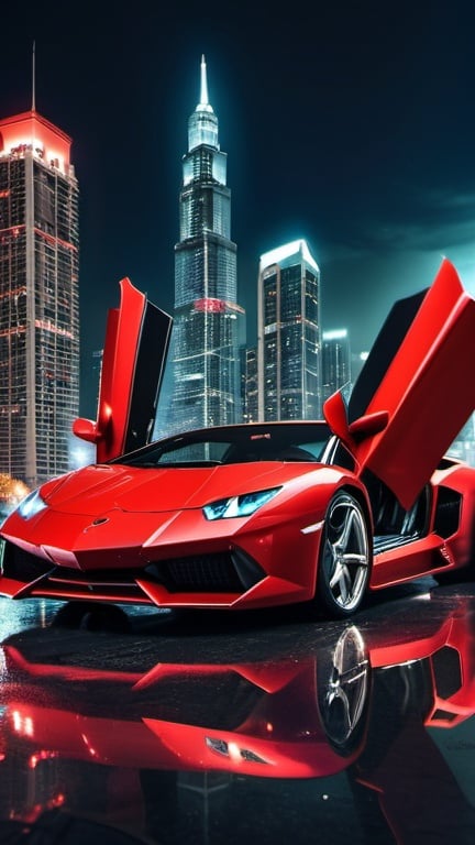 Prompt: Red Lamborghini with open doors, night cityscape with bright skyscrapers, billionaire networking book cover, high quality, detailed, professional, luxurious, high-end, modern, vibrant red tones, urban night lighting, glossy finish, futuristic, billionaire lifestyle, city lights, upscale, sleek design, best quality, urban, professional lighting
