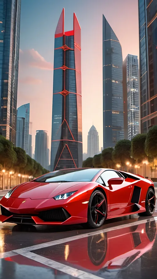 Prompt: Book cover with Prominent red Lamborghini on the street, doors open, bright skyscrapers in the background, network symbols, high-quality, professional, 3D rendering, billionaire networker book cover, sleek and modern design, vibrant city lights, urban setting, luxury lifestyle, high-end materials, detailed reflection, intense and focused gaze, highres, 3D rendering, modern, professional, urban, vibrant, luxury, network symbols, sleek design, atmospheric lighting. Size 6 inches width and 9 inches height.
