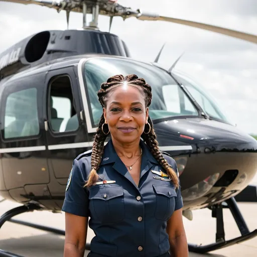 Prompt: A beautiful older black woman with a petite figure and with braids in her hair. She is a pilot standing in front of a Bell 430 helicopter.