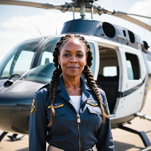 Prompt: A beautiful older black woman with a petite figure and with braids in her hair. She is a pilot standing in front of a Bell 430 helicopter.