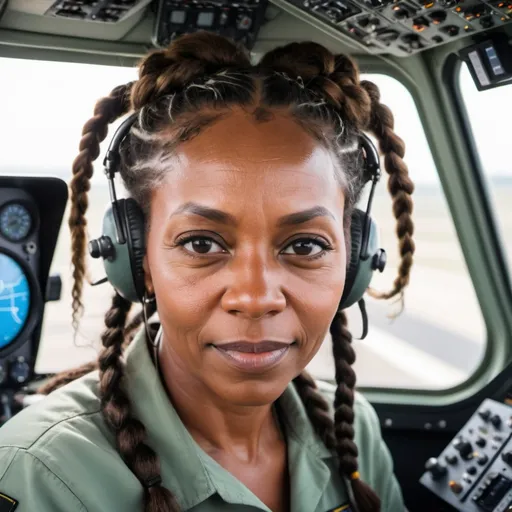 Prompt: A beautiful older black woman with a petite figure and with braids in her hair in the cockpit of a modern helicopter with en Electronic Flight Information Display (EFIS), looking back at the camera. The flight deck is clearly visible.