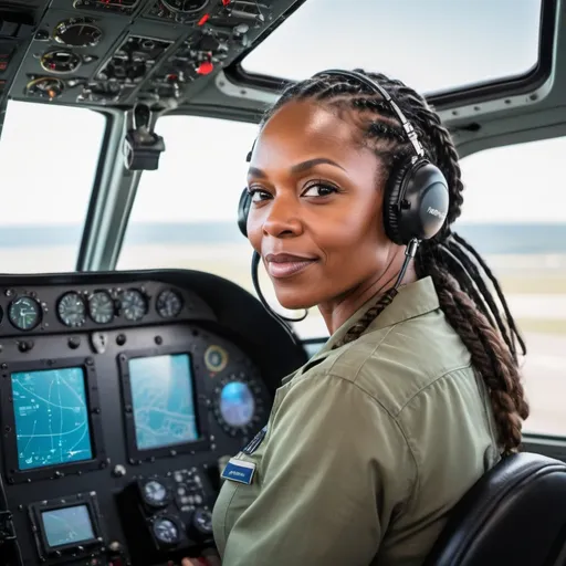 Prompt: A beautiful older black woman with a petite figure and with braids in her hair in the cockpit of a modern helicopter with en Electronic Flight Information Display (EFIS), looking back at the camera. The flight deck is clearly visible.