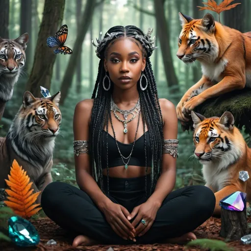 Prompt: A beutiful order black woman with long braids, sitting in a forest with crystals and beautiful forest creatures surrounding her.