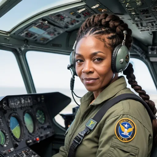 Prompt: A beautiful older black woman with a petite figure and with braids in her hair, wearing a military flight suit, neat, in the cockpit of a modern helicopter with en Electronic Flight Information Display (EFIS), looking back at the camera. The flight deck is clearly visible.