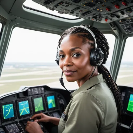 Prompt: A beautiful older black woman with a petite figure and with braids in her hair in the cockpit of a modern helicopter with en Electronic Flight Information Display (EFIS), looking back at the camera. The flight deck is clearly visible.
