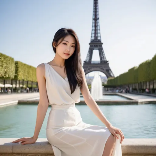 Prompt: "Create an image of a Japanese woman seated gracefully on the edge of a fountain in front of the Eiffel Tower. She has smooth, fair skin that glows softly in the light, with long, straight black hair either flowing down her back or tied in a simple, elegant ponytail, with a few loose strands framing her face. Her deep, almond-shaped brown eyes radiate calmness and thoughtfulness. She is dressed in casual yet stylish clothing—a light, flowing blouse paired with fitted jeans or a casual skirt. Her hands rest lightly on her lap, holding a small handbag or gently playing with the edge of her blouse. The fountain behind her splashes gently, adding a serene ambiance to the scene, while the Eiffel Tower rises majestically in the background. Her posture is relaxed yet elegant, capturing a moment of quiet contemplation in the picturesque setting of Paris."