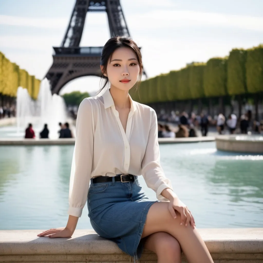 Prompt: "Create an image of a Japanese woman seated gracefully on the edge of a fountain in front of the Eiffel Tower. She has smooth, fair skin that glows softly in the light, with long, straight black hair either flowing down her back or tied in a simple, elegant ponytail, with a few loose strands framing her face. Her deep, almond-shaped brown eyes radiate calmness and thoughtfulness. She is dressed in casual yet stylish clothing—a light, flowing blouse paired with fitted jeans or a casual skirt. Her hands rest lightly on her lap, holding a small handbag or gently playing with the edge of her blouse. The fountain behind her splashes gently, adding a serene ambiance to the scene, while the Eiffel Tower rises majestically in the background. Her posture is relaxed yet elegant, capturing a moment of quiet contemplation in the picturesque setting of Paris."