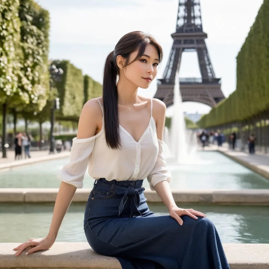 Prompt: "Create an image of a Japanese woman seated gracefully on the edge of a fountain in front of the Eiffel Tower. She has smooth, fair skin that glows softly in the light, with long, straight black hair either flowing down her back or tied in a simple, elegant ponytail, with a few loose strands framing her face. Her deep, almond-shaped brown eyes radiate calmness and thoughtfulness. She is dressed in casual yet stylish clothing—a light, flowing blouse paired with fitted jeans or a casual skirt. Her hands rest lightly on her lap, holding a small handbag or gently playing with the edge of her blouse. The fountain behind her splashes gently, adding a serene ambiance to the scene, while the Eiffel Tower rises majestically in the background. Her posture is relaxed yet elegant, capturing a moment of quiet contemplation in the picturesque setting of Paris."