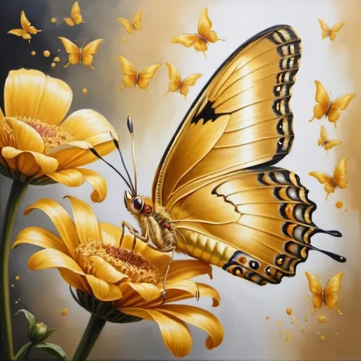 Prompt: A painting of golden butterfly on a flower, extremely detailed oil painting, a realistic painting