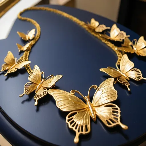 Prompt: A golden necklace with the shape of butterflies on a table in a jewellery shop