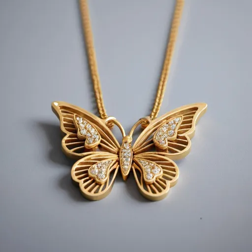 Prompt: A golden necklace with the shape of butterflies on a designing table