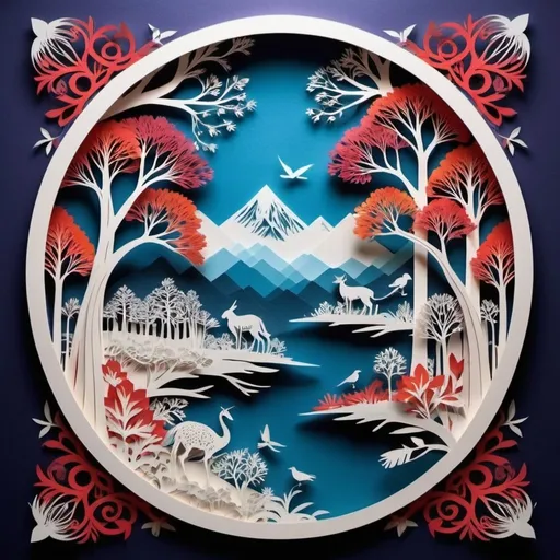 Prompt: A mesmerizing paper-cut of a beautiful nature. Every delicate detail meticulously crafted out of paper unfolds before your eyes. The intricate paper scenes blend vibrant colors with the ancient art of papercutting, (((Paper cutting art style))), high detail, high quality, high resolution, dramatically captivating