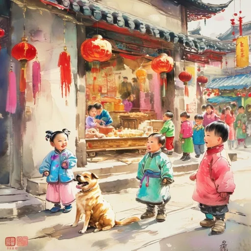Prompt: Chinese street scene with children, dogs, cats, Princess Tae Sun Kai, colorful clothing, shiny textures, golden crown, precious jewels, 1882, highres, vibrant, historical, detailed characters, lively street, traditional Chinese architecture, bustling market, playful atmosphere, ornate details, rich colors, natural lighting