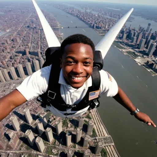 Prompt: piolet smiling while flying over twin towers/ world trade center