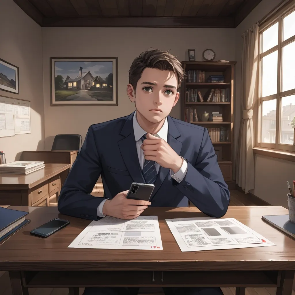 Prompt: A stressed young man in office attire sitting at a cluttered desk, staring at a smartphone with a 'Rp 1,500,000' price tag glowing on its screen. Behind him, a fading dream image of a house with a 'SOLD' sign. Dark tone, cinematic lighting, hyper-realistic style.
