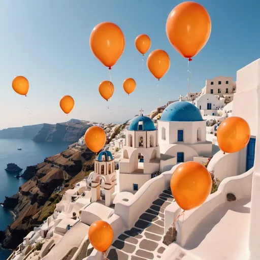 Prompt: Santorini on a sunny day in pastel shades with lots of orange balloons going into the sky